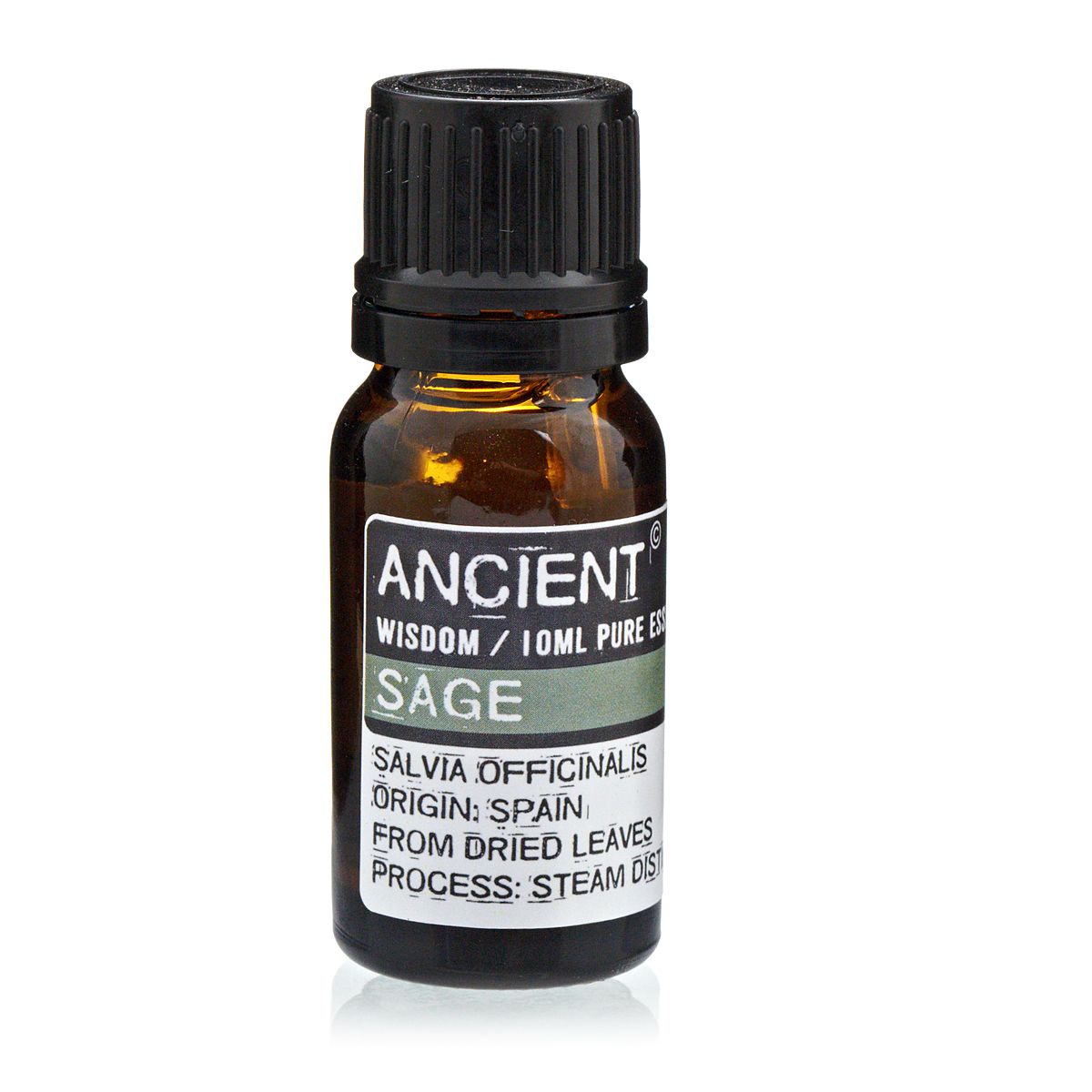Aceite esencial de salvia, 10 ml, vidrio ámbar, extracción al vapor, origen España, etiqueta verde.