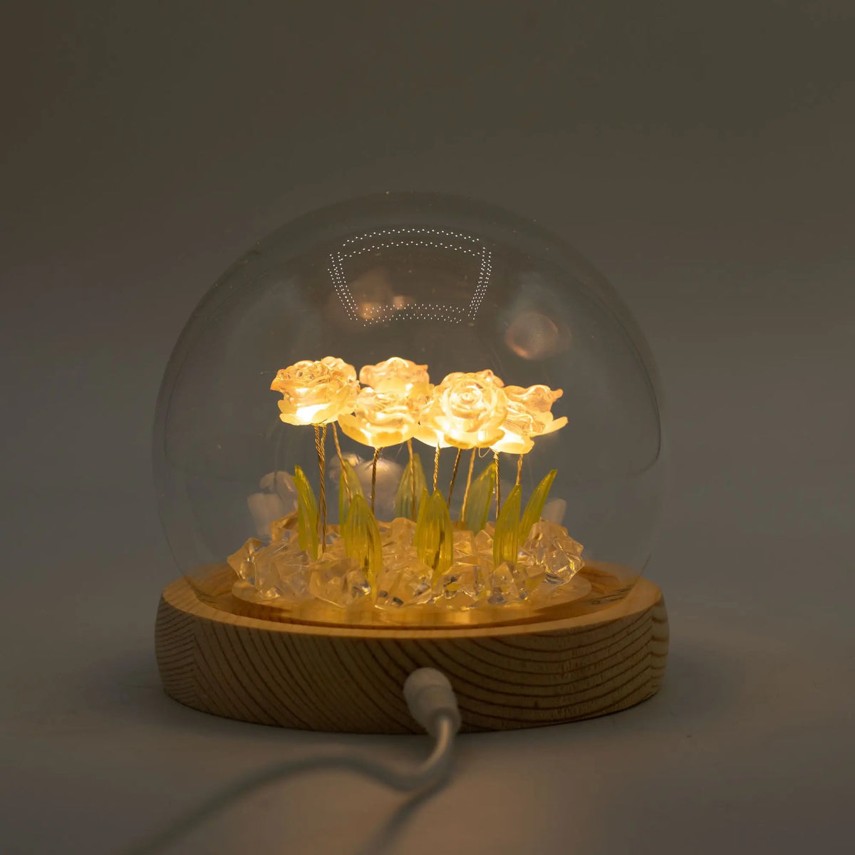 Domo de cristal con 10 rosas brillantes LED sobre base de madera circular. Iluminación cálida, diseño elegante y USB.