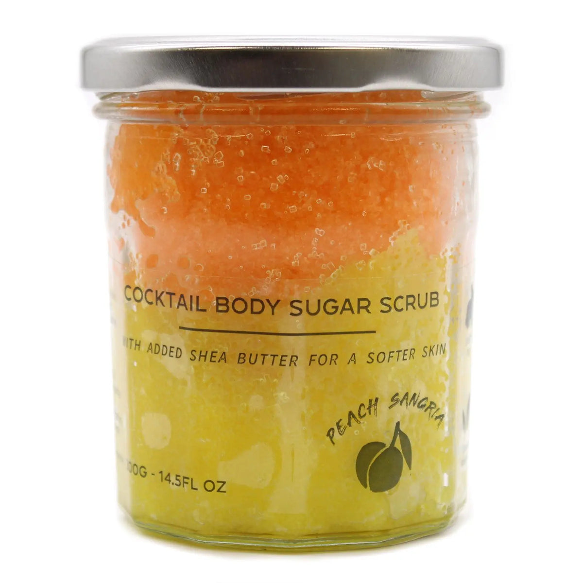 Tarro de cristal con exfoliante de azúcar en capas naranja y amarillo, tapa metálica y etiqueta de melocotón.