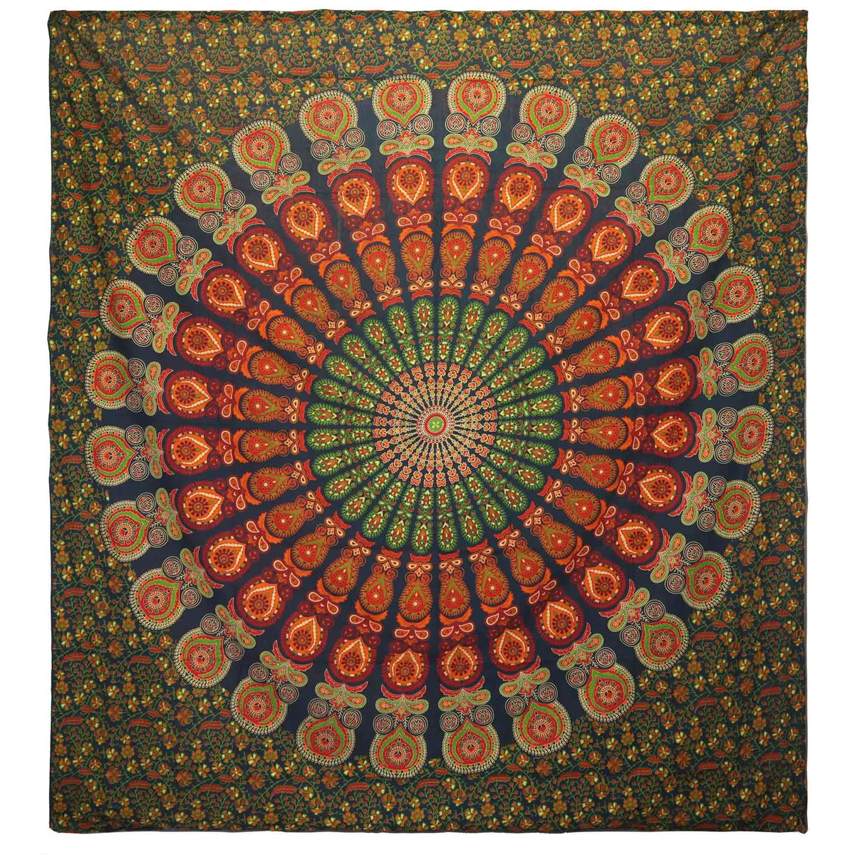 Manta decorativa mandala en tonos rojo y verde, 100% poliéster, estilo bohemio, ideal para pared o sofá.
