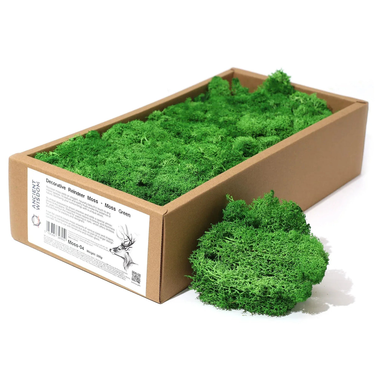 Musgo decorativo verde intenso de textura natural dentro de una caja de cartón rectangular sobre fondo blanco