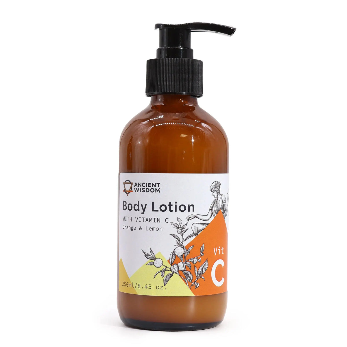 Loción corporal Ancient Wisdom en botella de vidrio ámbar con dispensador negro, etiqueta naranja de cítricos y Vit C.
