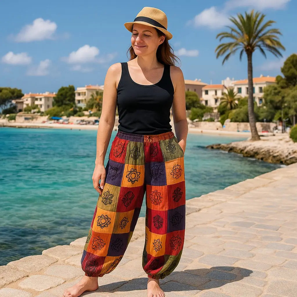 Mujer viste pantalón ancho de parches estampados en tonos naranjas, verdes y morados frente al mar.