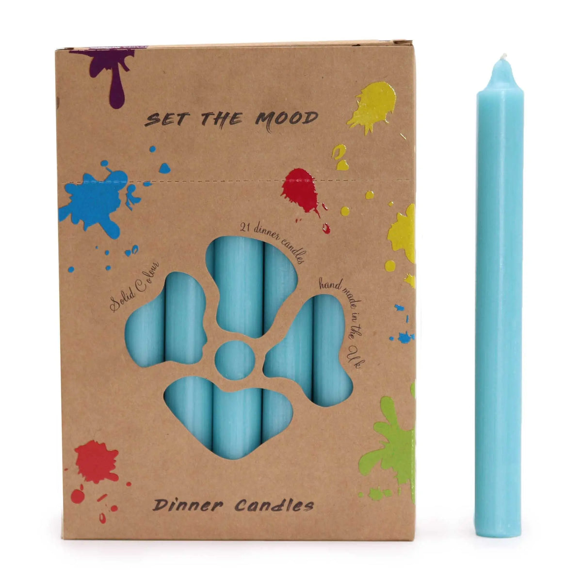 Caja de cartón con 21 velas de mesa color aqua rústico y una vela del mismo tono junto a ella sobre fondo blanco.