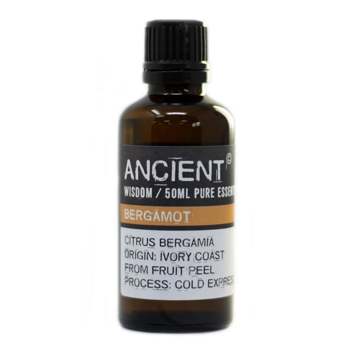 Frasco de vidrio ámbar de 50ml con tapa negra y etiqueta profesional con descripción de aceite esencial de bergamota