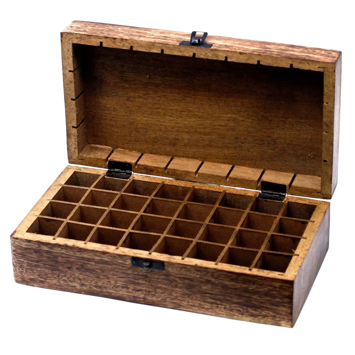 Caja rectangular de madera de mango con tapa abierta, diseñada para organizar 32 frascos de aromaterapia.