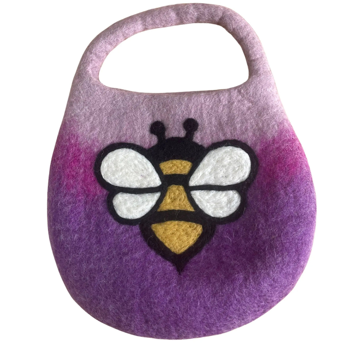 Bolso de fieltro morado con degradado y diseño de abeja artesanal con asa integrada y estilo redondeado suave