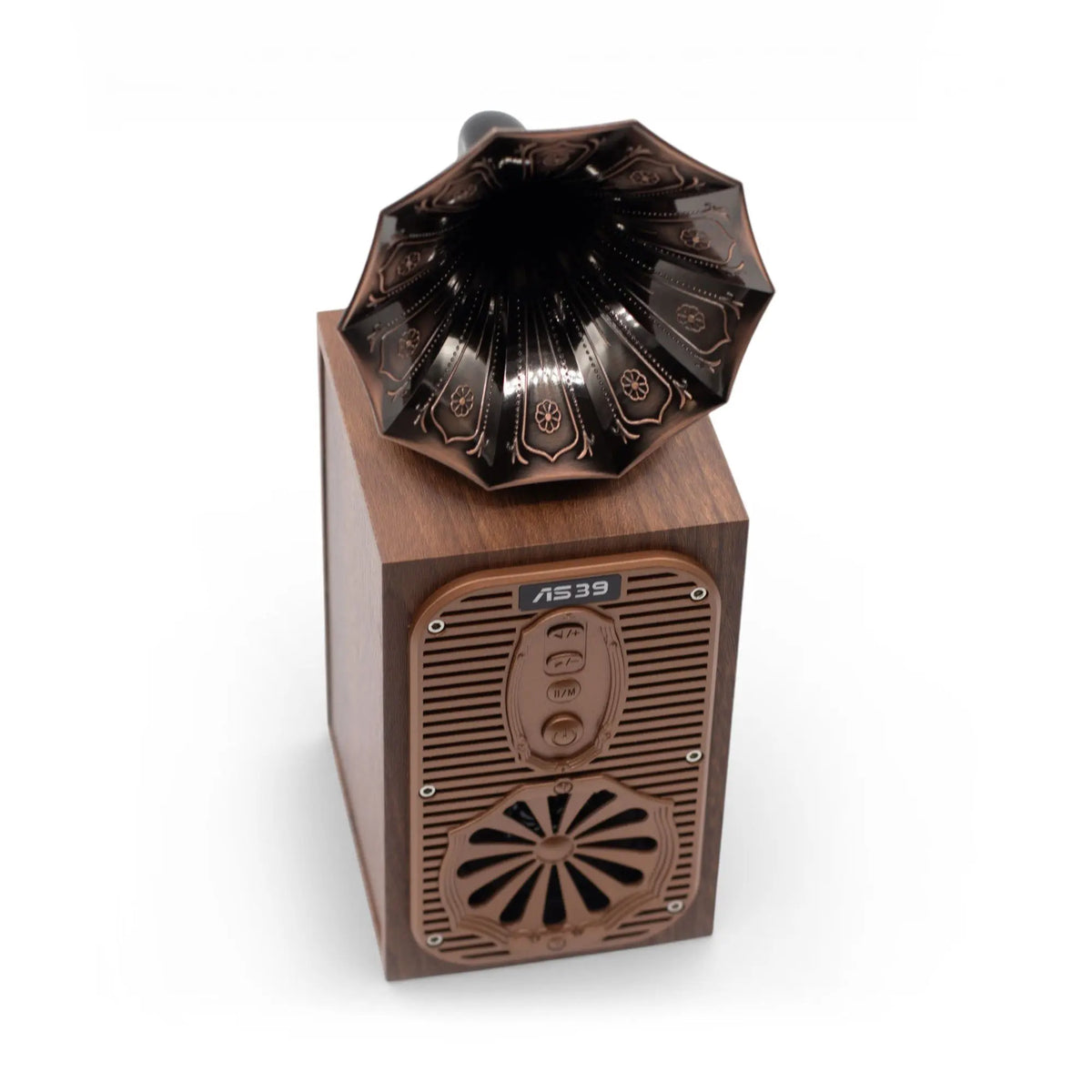 Altavoz Bluetooth Ancient Wisdom con diseño retro de madera, bocina de gramófono color bronce y controles frontales.