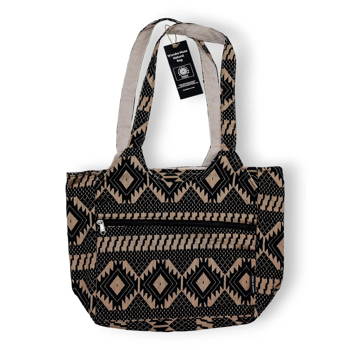 Bolso tote negro y beige, estampado geométrico, hecho de algodón, con bolsillo frontal y asas largas.