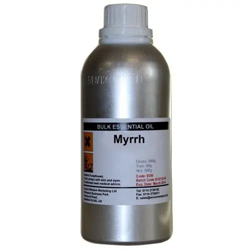 Aceite esencial de mirra en botella de aluminio plateado, 500 g, ideal para aromaterapia y cuidados de la piel.