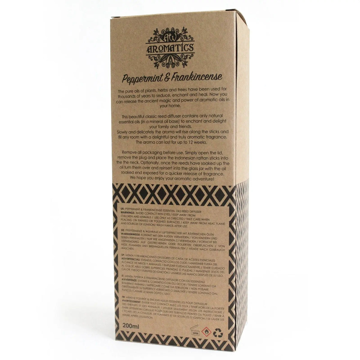 Caja rectangular de cartón kraft con texto informativo y diseño geométrico, envase de difusor de aroma de 200 ml.