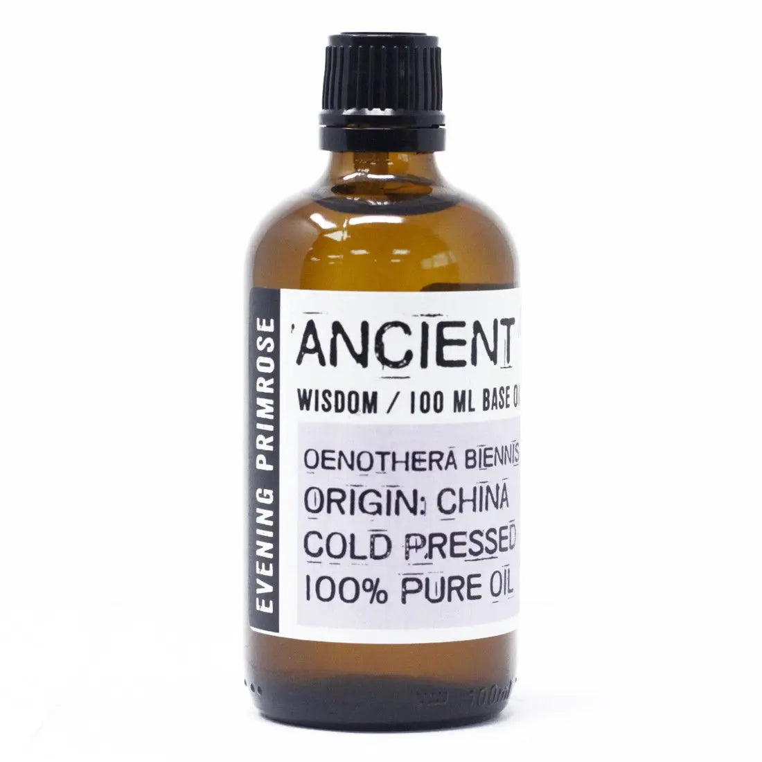 Frasco de vidrio ámbar de 100 ml con tapa negra y etiqueta blanca de aceite de onagra puro prensado en frío.