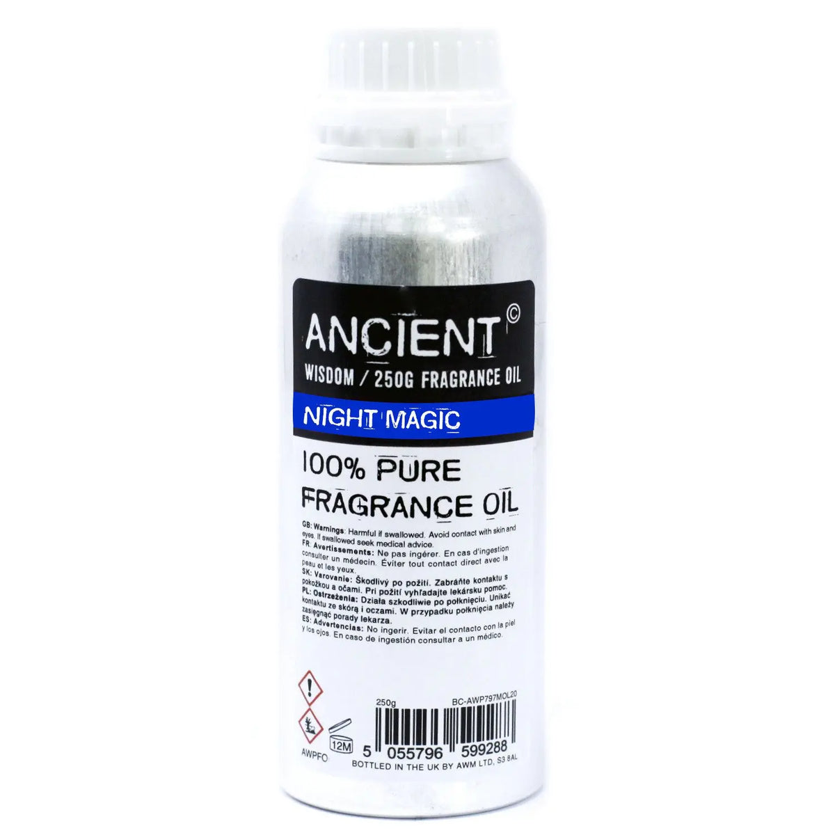 Botella de aluminio de 250g con etiqueta informativa en blanco y negro y banda azul sobre fondo blanco aislada