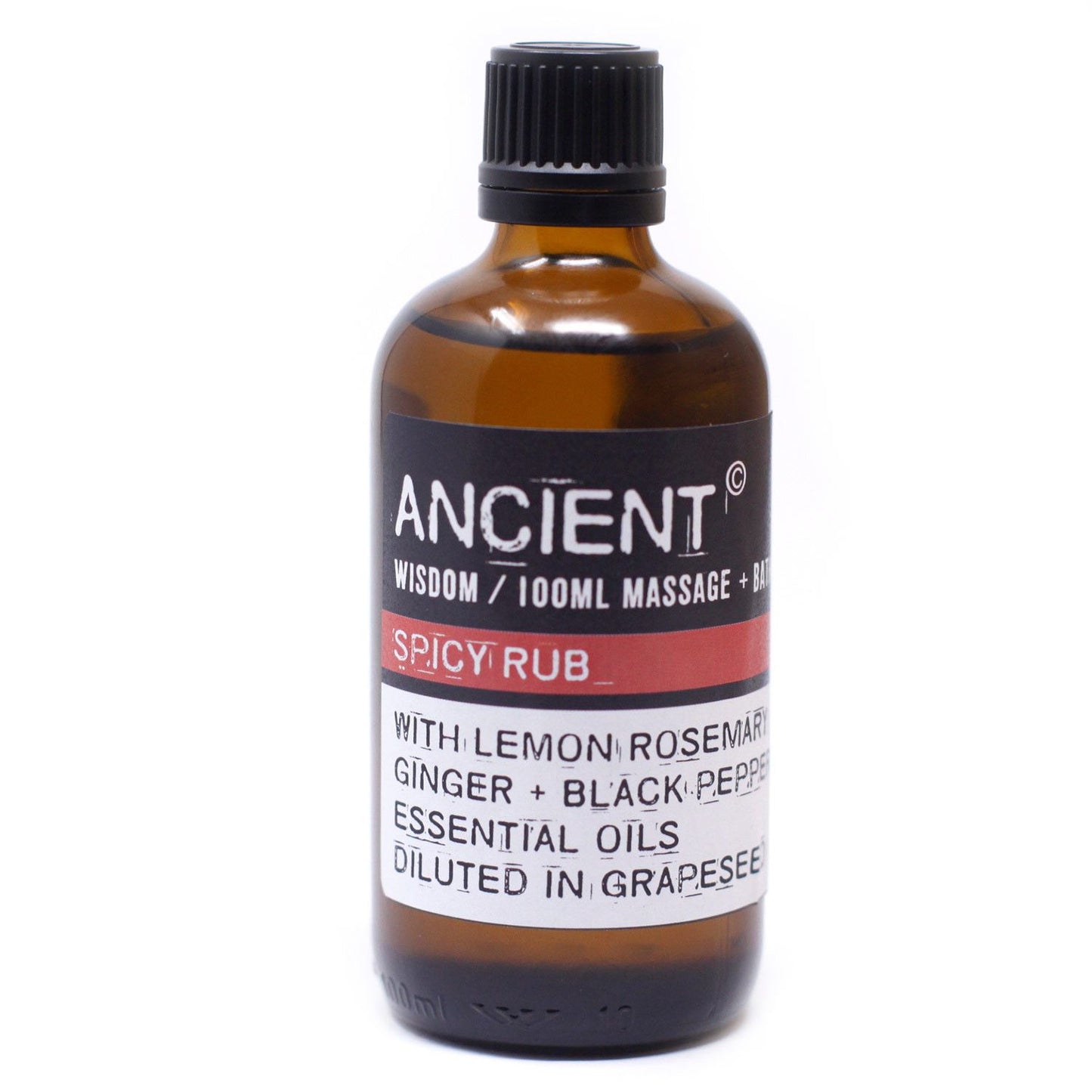 Frasco de vidrio ámbar de 100ml con aceite de masaje, etiqueta negra y blanca con texto sobre fondo blanco.
