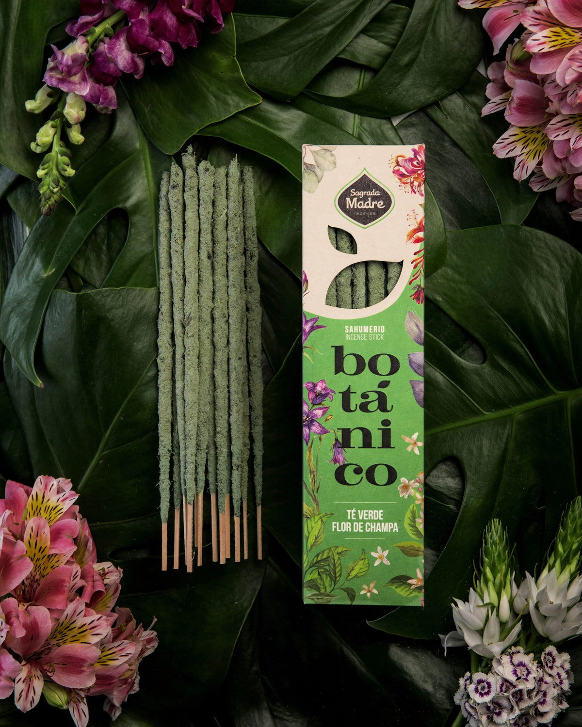 Incienso verde sobre hojas tropicales y flores de colores. Incluye caja con ilustración botánica de té verde y champa.