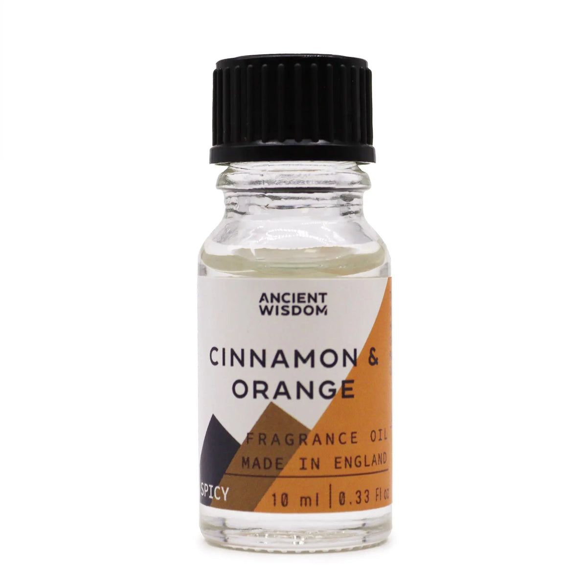 Frasco de cristal de 10 ml con tapón negro y etiqueta blanca y naranja para aceite de fragancia de canela y naranja.