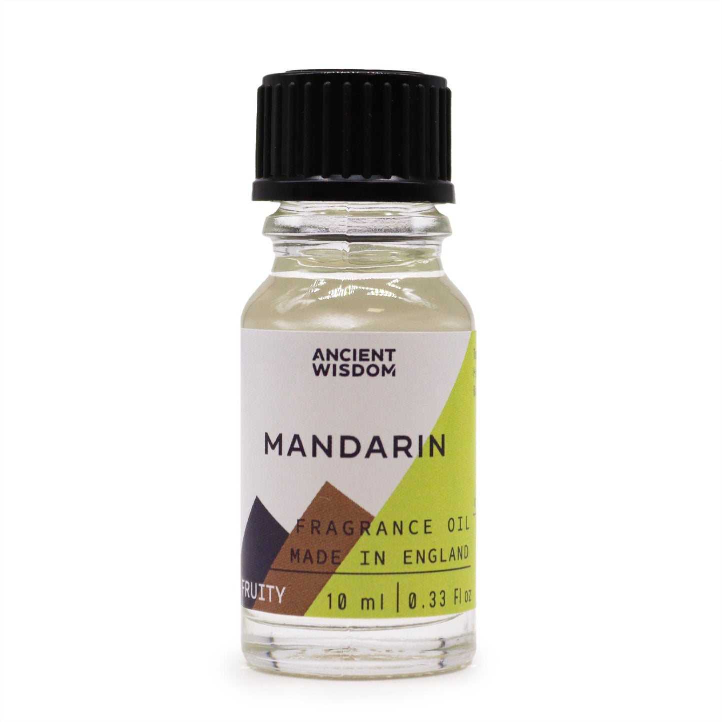 Frasco de vidrio de 10ml con aceite esencial de mandarina, tapa negra estriada y etiqueta con fondo blanco y verde.
