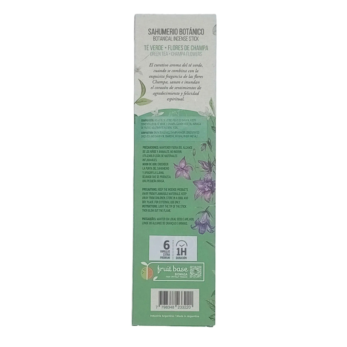 Caja rectangular verde de incienso botánico con ilustraciones de flores moradas, texto descriptivo y código de barras.