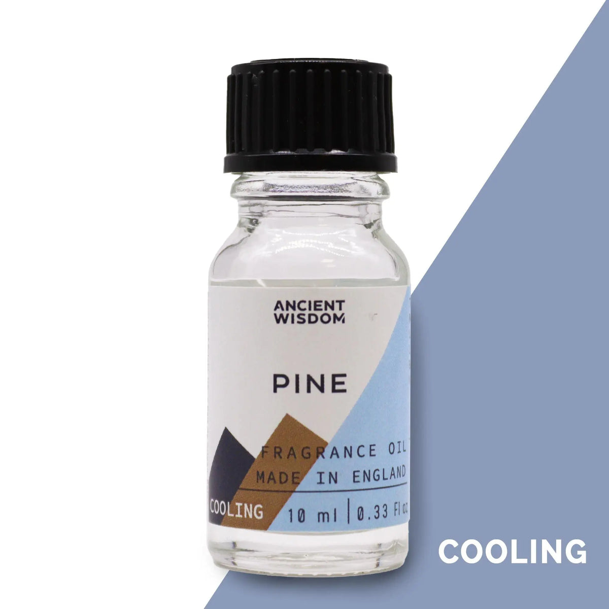 Frasco de cristal de 10ml con tapa negra y etiqueta blanca que indica aceite de fragancia de pino.