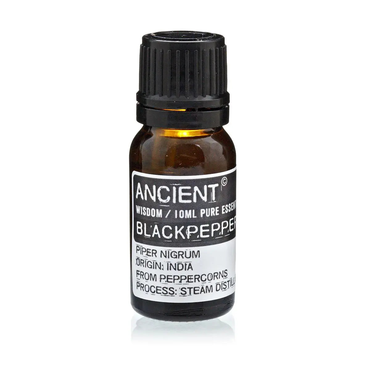 Aceite esencial de pimienta negra 10ml, color ámbar, botella de vidrio, destilado de vapor, origen: India.