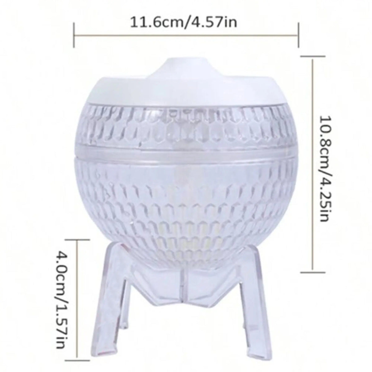 Difusor de aroma Mondo Planet, forma esférica transparente con textura, sobre soporte y medidas técnicas detalladas.