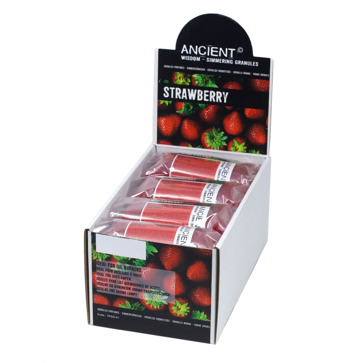 Expositor de cartón con paquetes individuales de gránulos aromáticos rojos con diseño de fresas.
