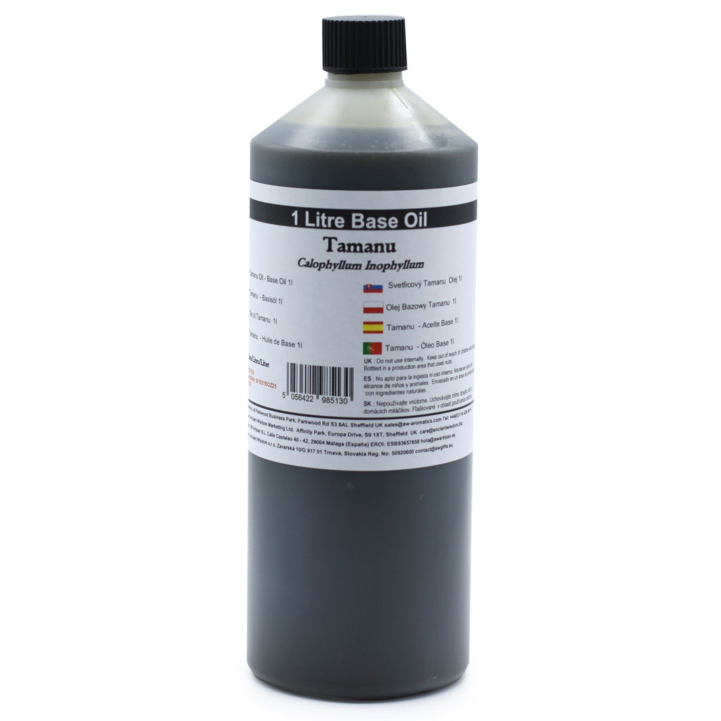 Aceite base de Tamanu, 1 litro, color verde oscuro, material natural, ideal para cosmética y cuidado de la piel.