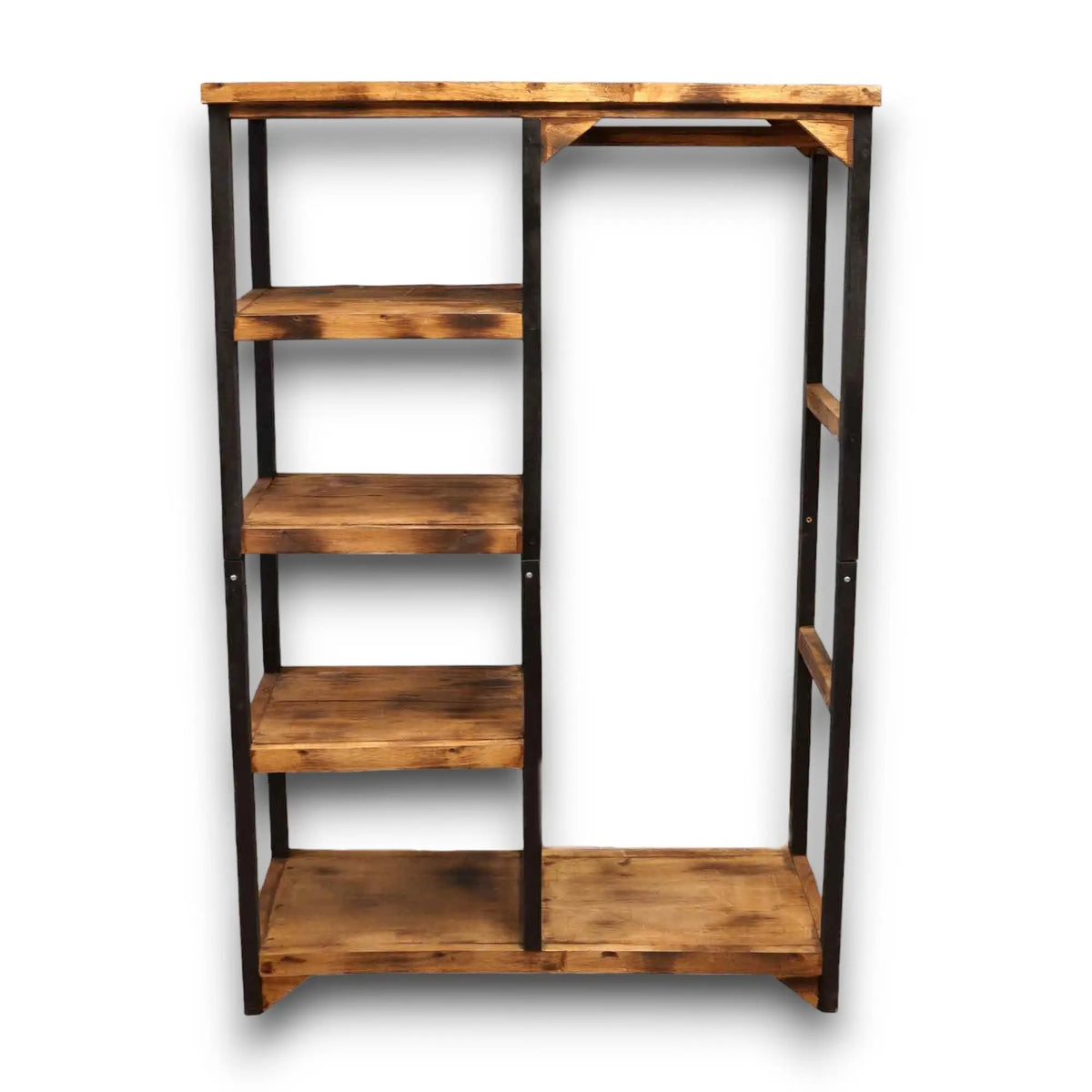 Perchero Ancient Wisdom de madera rústica y estructura metálica negra con estantes cuadrados y espacio para colgar.