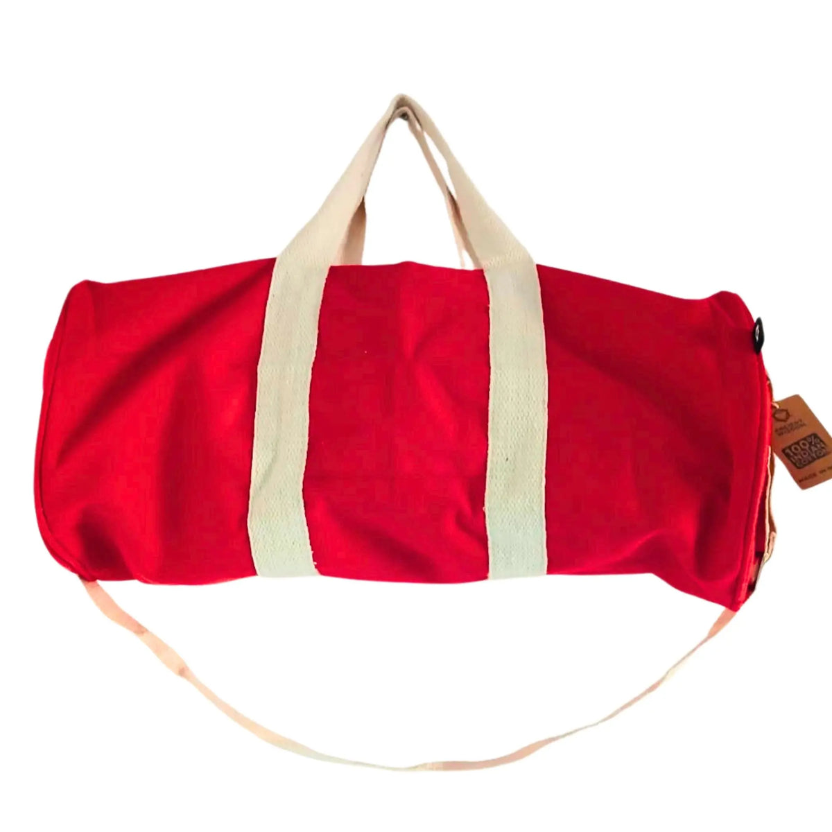 Bolsa de gimnasio roja de algodón con asas y correa larga de lona color crema, diseño cilíndrico y estilo casual.