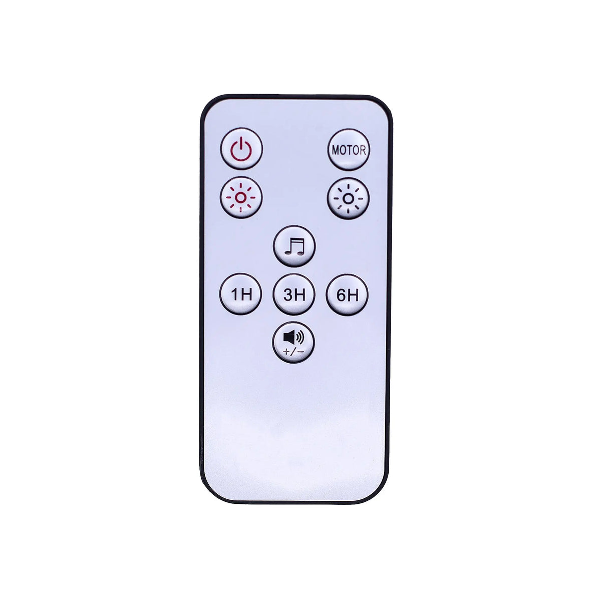 Mando a distancia gris rectangular con botones negros para control de luz, sonido y temporizador del difusor.