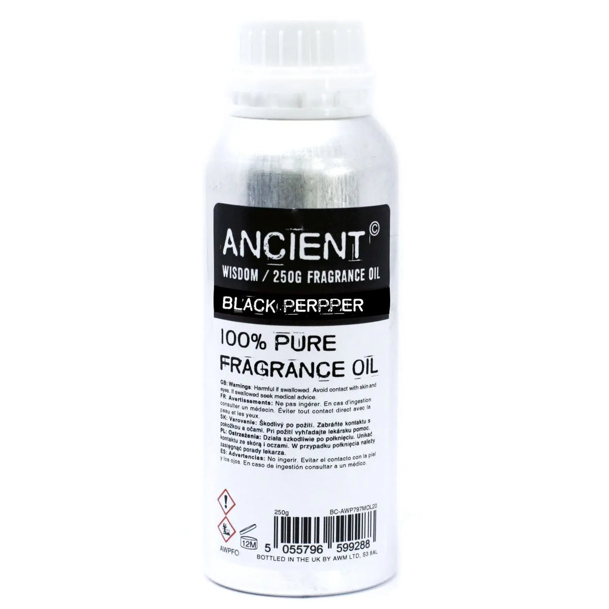 Botella cilíndrica de aluminio plateado de 250g con etiqueta informativa en blanco y negro para aceite de pimienta negra