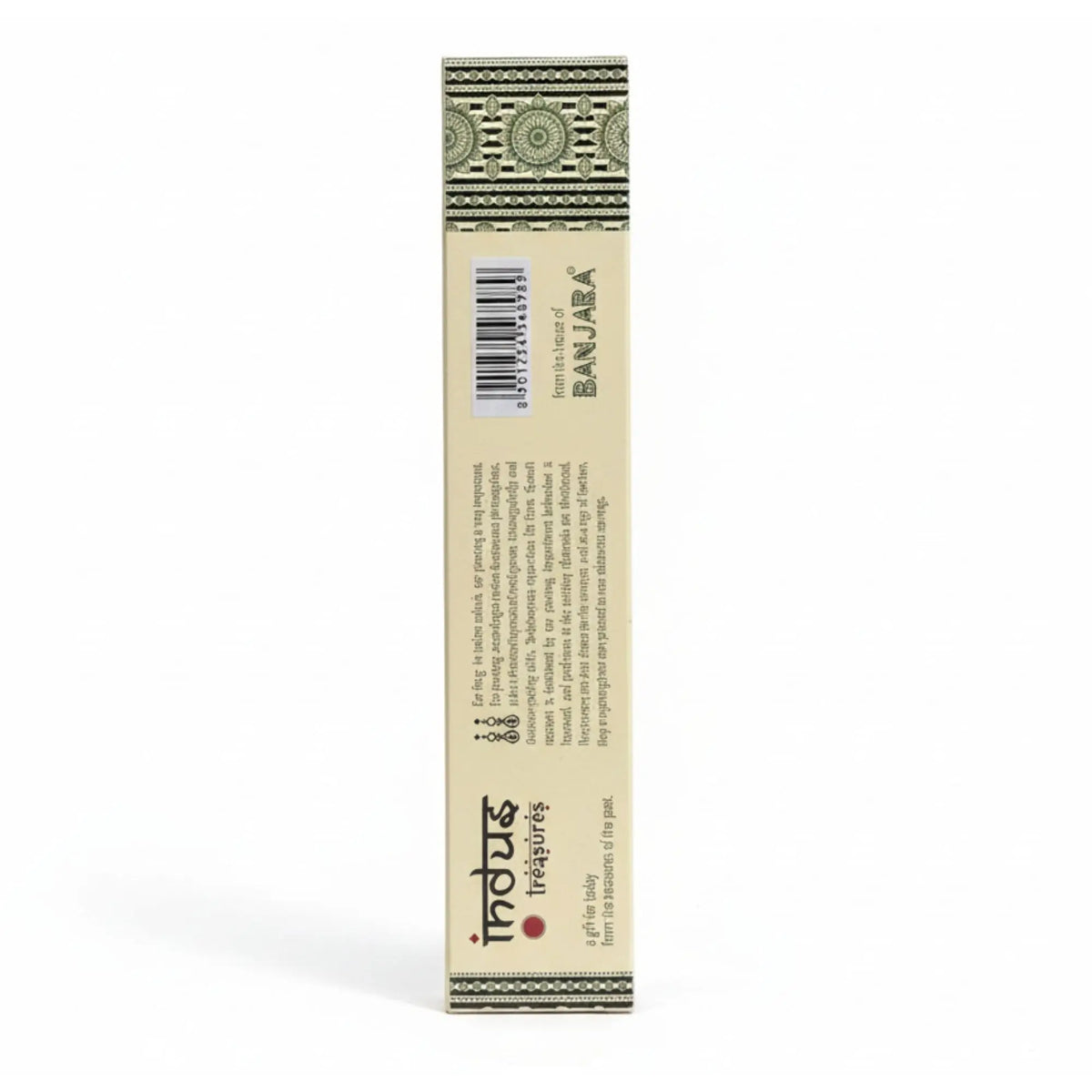 Caja rectangular beige de incienso con detalles decorativos geométricos y texto informativo sobre fondo blanco.