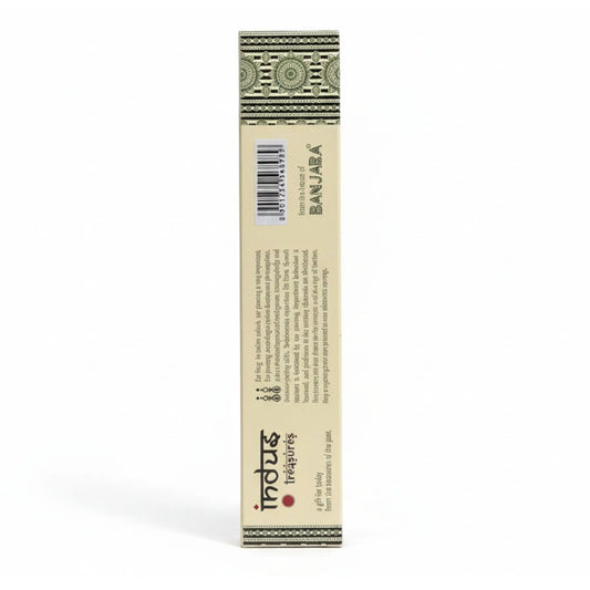 Caja rectangular beige de incienso con detalles decorativos geométricos y texto informativo sobre fondo blanco.