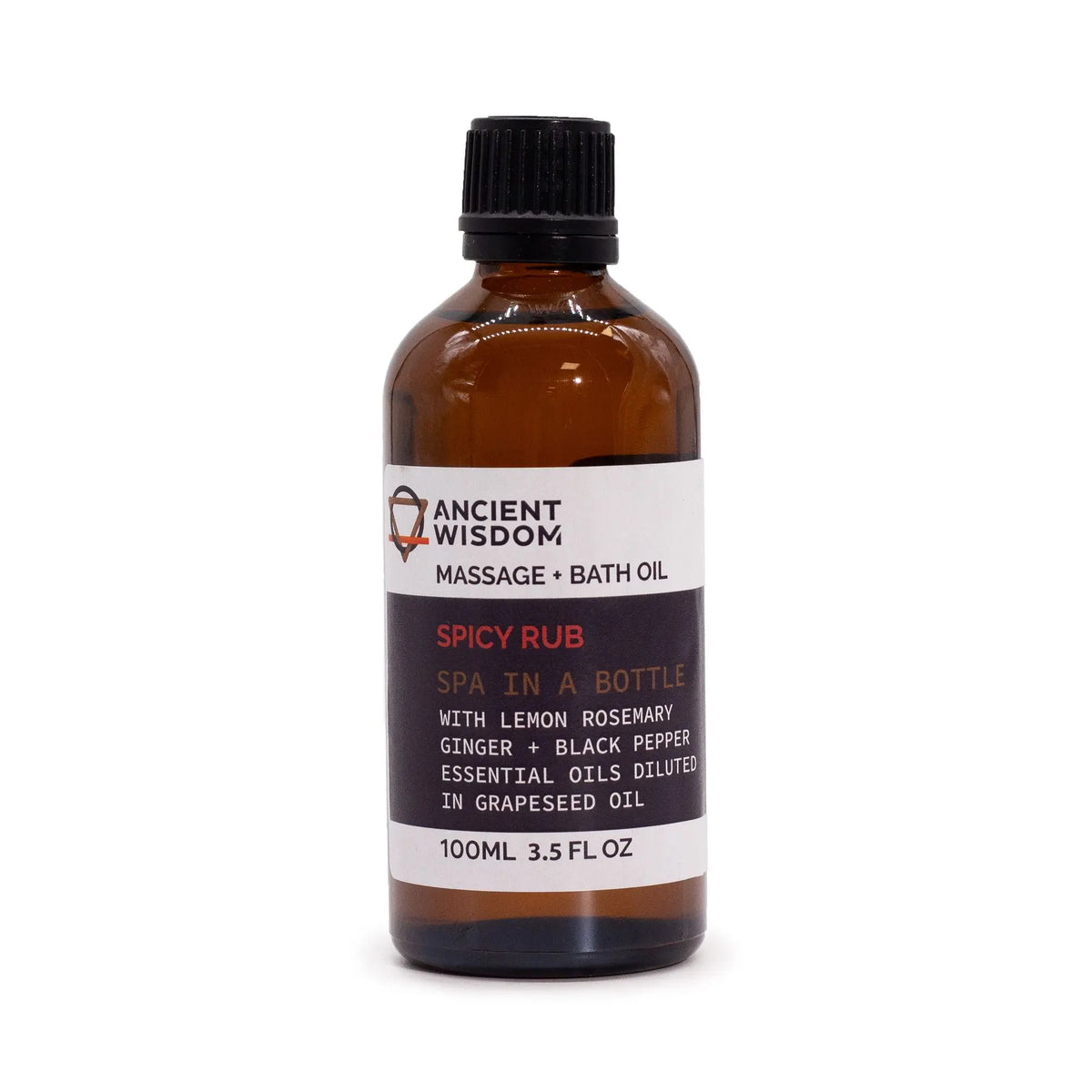Frasco de vidrio ámbar de 100ml con aceite de masaje, tapa negra y etiqueta blanca con texto informativo.