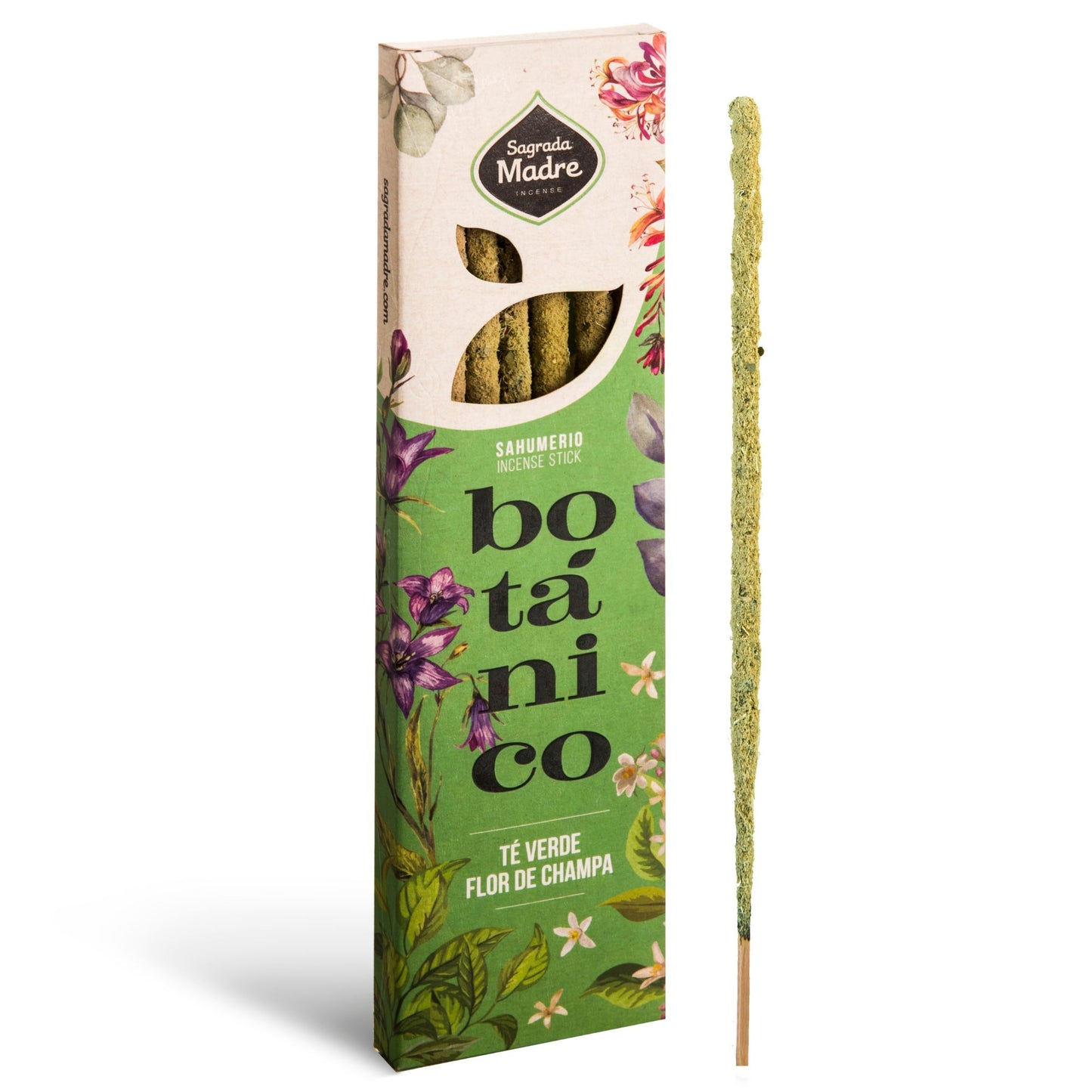 Caja de incienso botánico verde con ilustraciones florales y un sahumerio alargado de color verde claro junto a ella