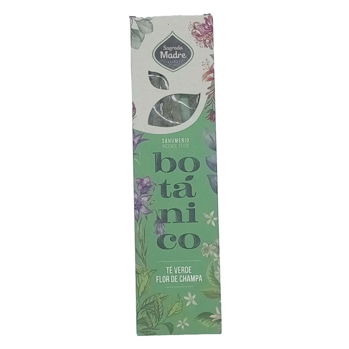 Caja rectangular vertical de sahumerio botánico, fondo verde suave con ilustraciones de flores y hojas, texto impreso.
