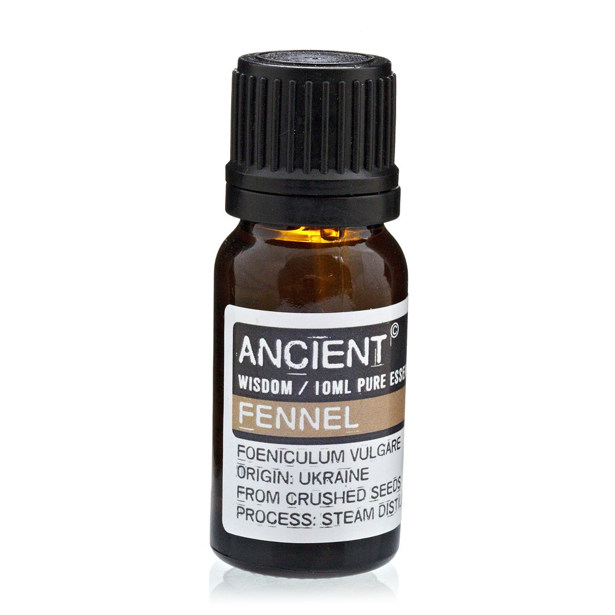 Aceite esencial de hinojo, 10ml, color ámbar, frasco de vidrio con tapa negra, origen: Ucrania, destilado al vapor.