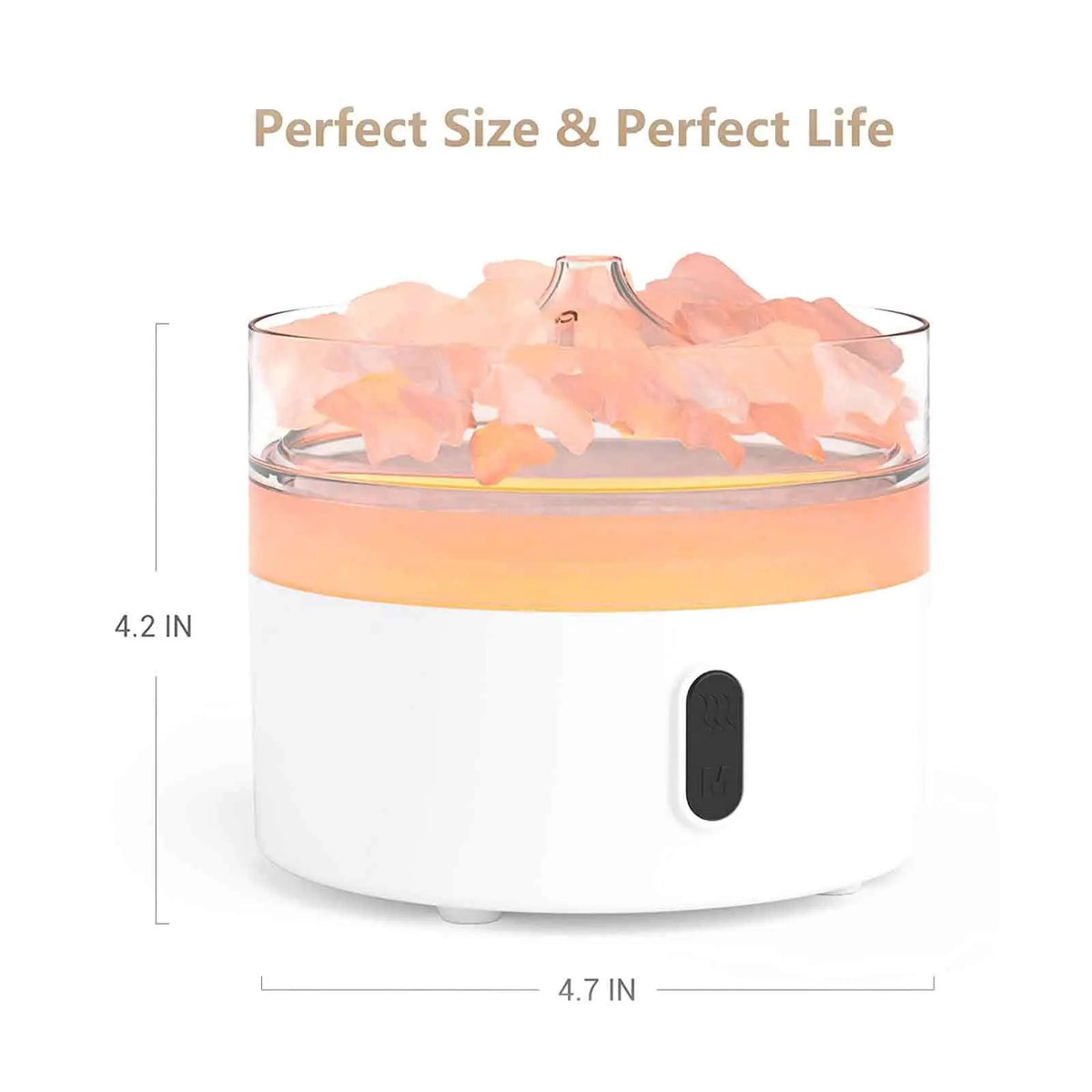Difusor de sal del Himalaya blanco y transparente con luz cálida tipo llama, diseño cilíndrico y medidas indicadas.