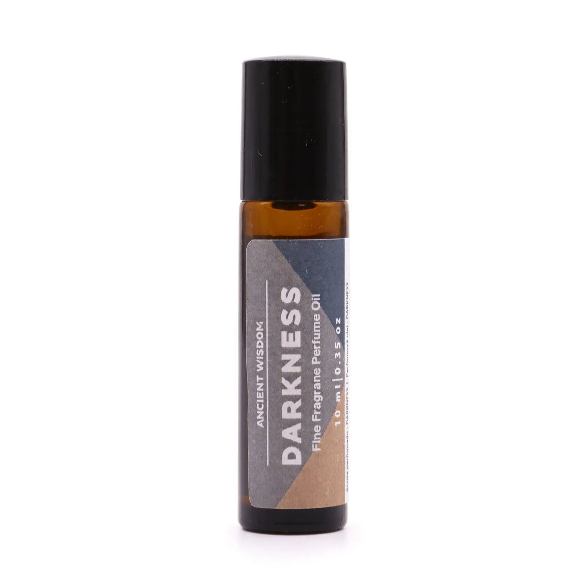 Frasco de vidrio ámbar de 10ml con aplicador roll-on negro y etiqueta gris que dice "DARKNESS".