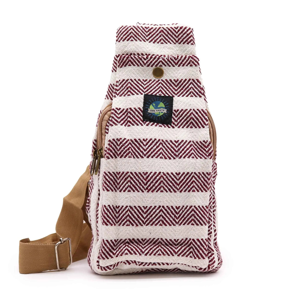 Bolso bandolera de algodón con patrón de espiga burdeos y blanco, cierre de cremallera y correa ajustable color caqui.