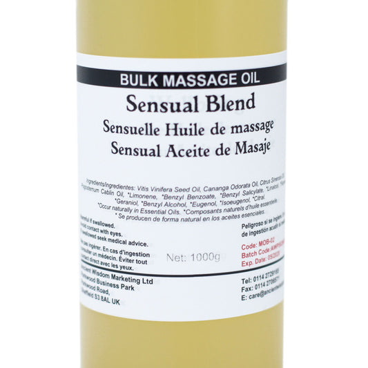 Aceite de masaje seductor, mezcla sensorial, 1000ml, presentación en botella amarilla, ideal para relajación.