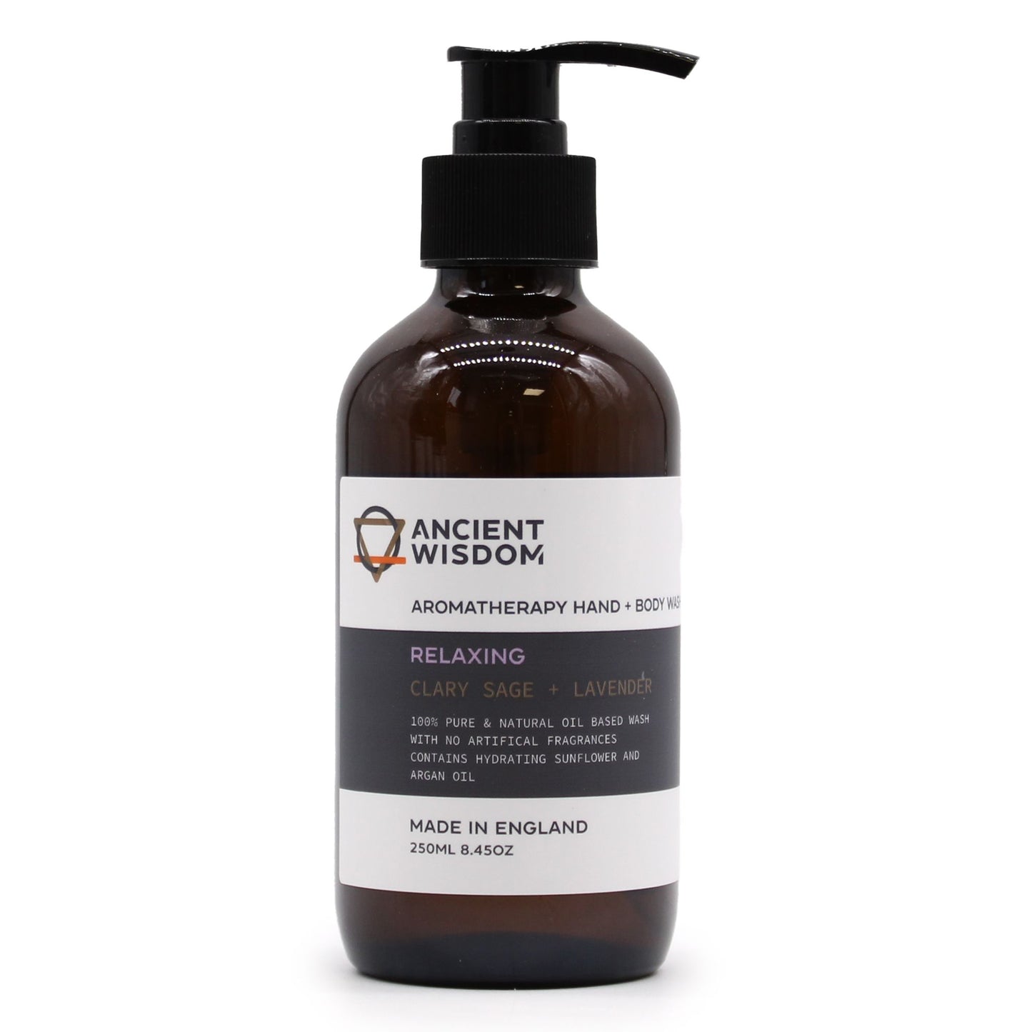 Jabón líquido en envase de vidrio ámbar de 250ml con dispensador negro y etiqueta minimalista de salvia y lavanda