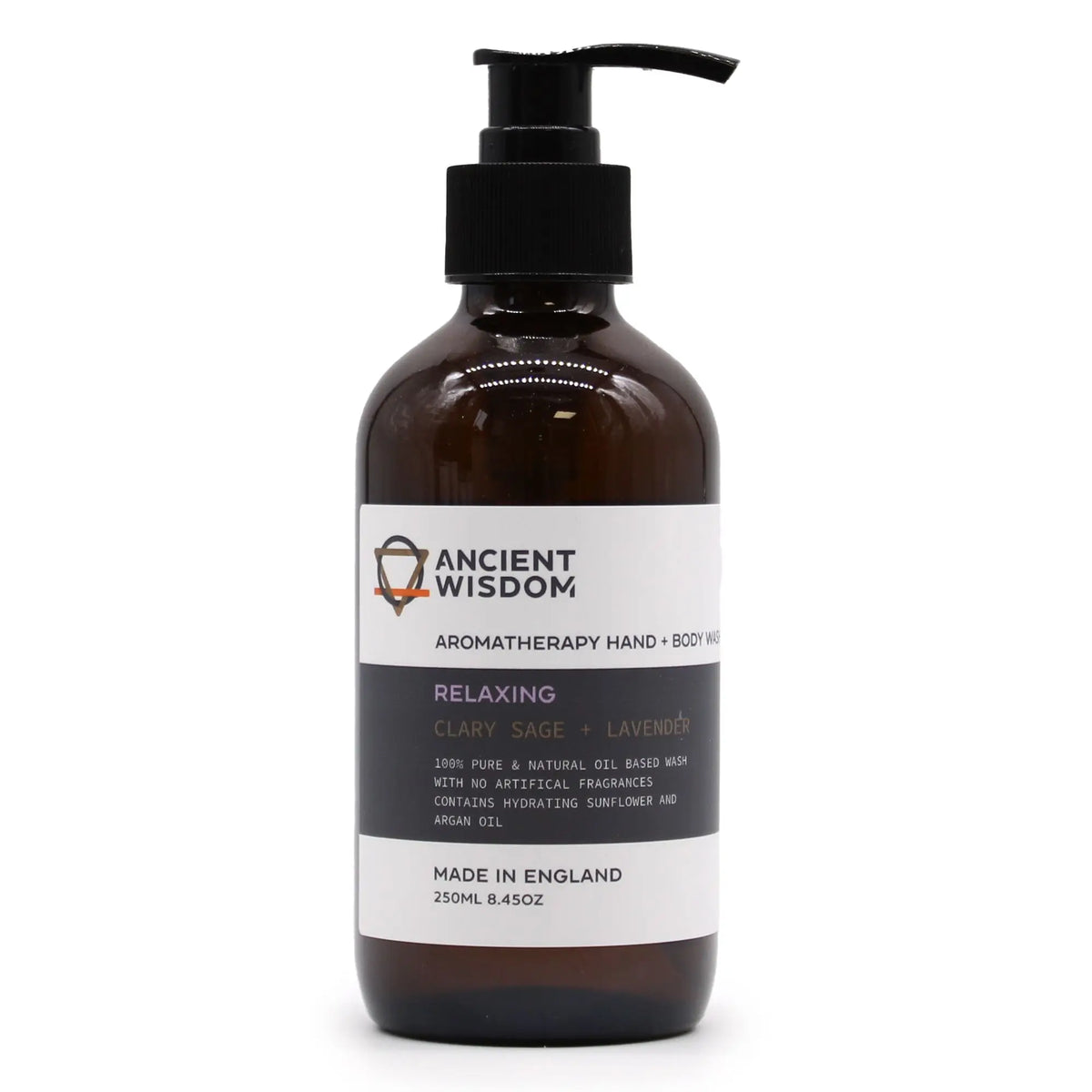 Jabón líquido en envase de vidrio ámbar de 250ml con dispensador negro y etiqueta minimalista de salvia y lavanda