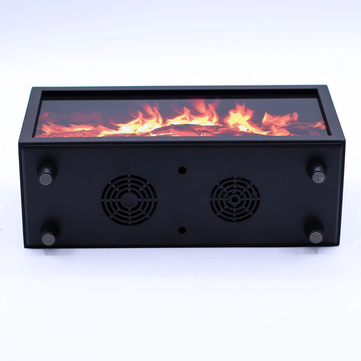 Difusor negro rectangular con efecto de llama realista, rejillas frontales y diseño compacto para aromaterapia.