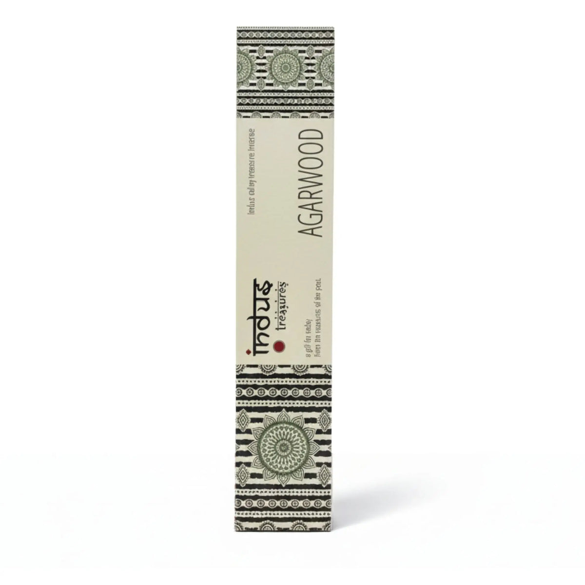 Caja rectangular vertical de incienso de madera de agar con diseño decorativo geométrico en tonos verdes y negros.