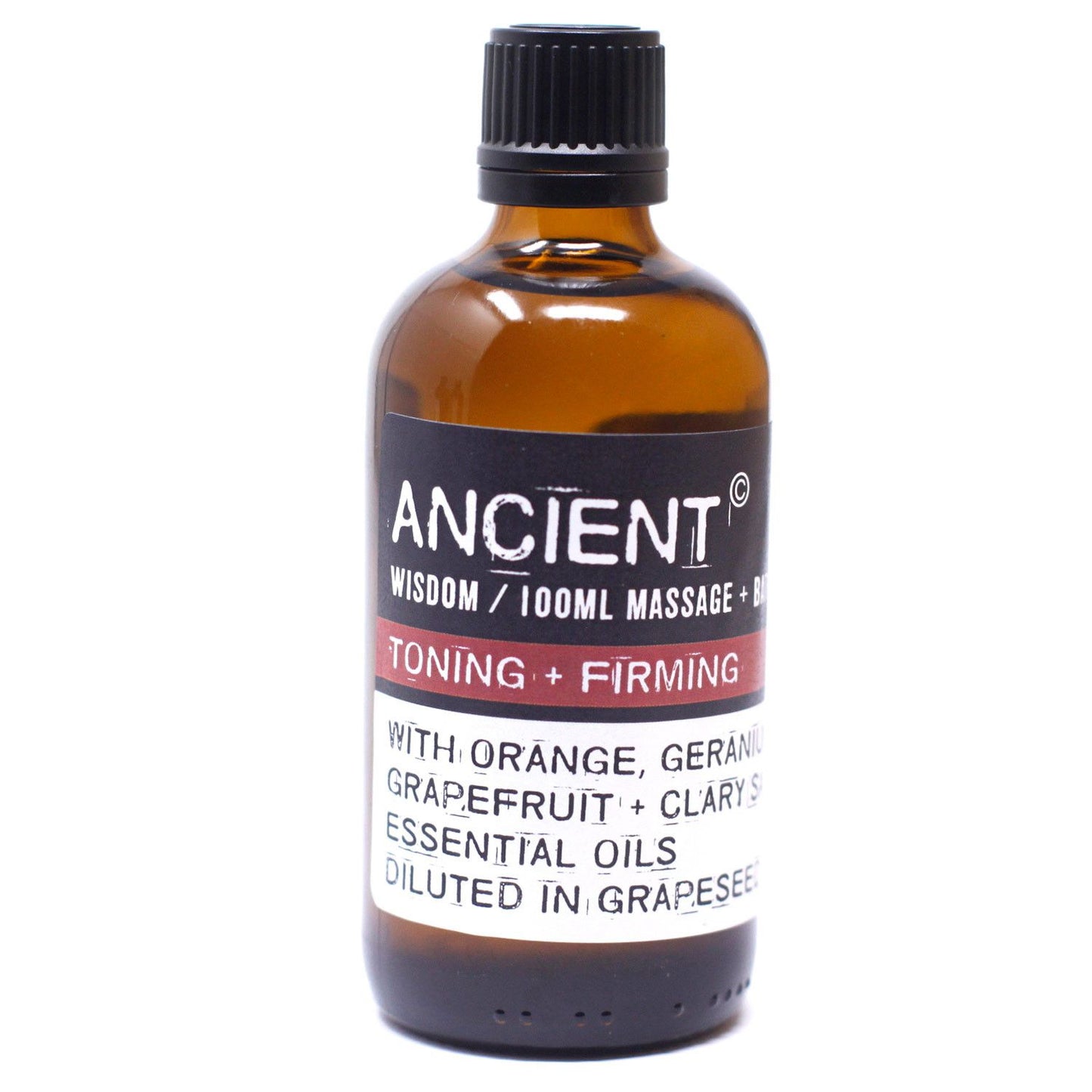 Frasco de vidrio ámbar de 100 ml con tapa negra y etiqueta blanca que indica aceite de masaje tonificante y reafirmante.