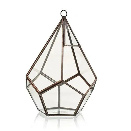 Terrario geométrico de vidrio con estructura metálica color bronce y forma de pentágono alargado con argolla superior.