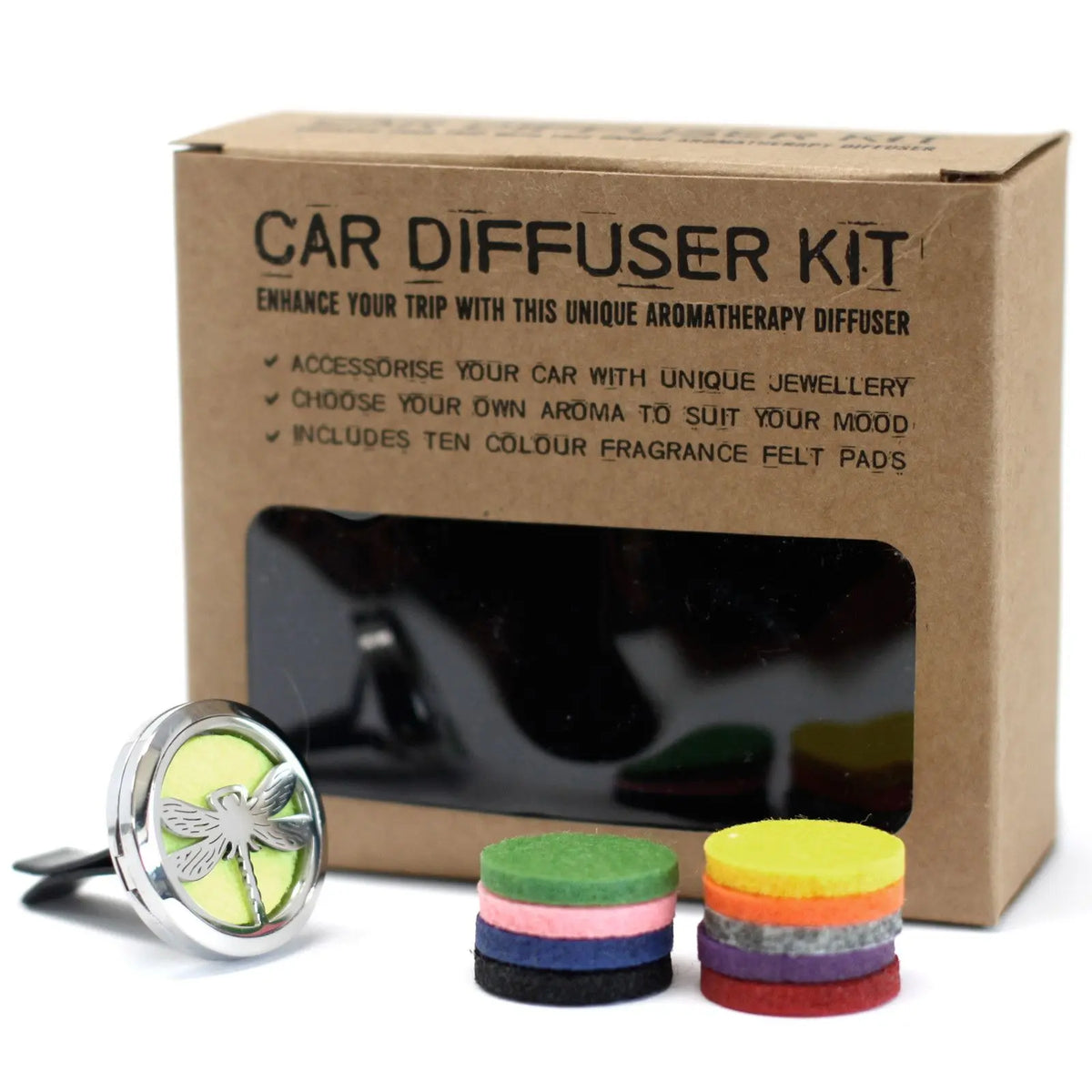 Kit difusor coche Ancient Wisdom: caja de cartón, difusor metálico circular con libélula y 10 almohadillas de fieltro.