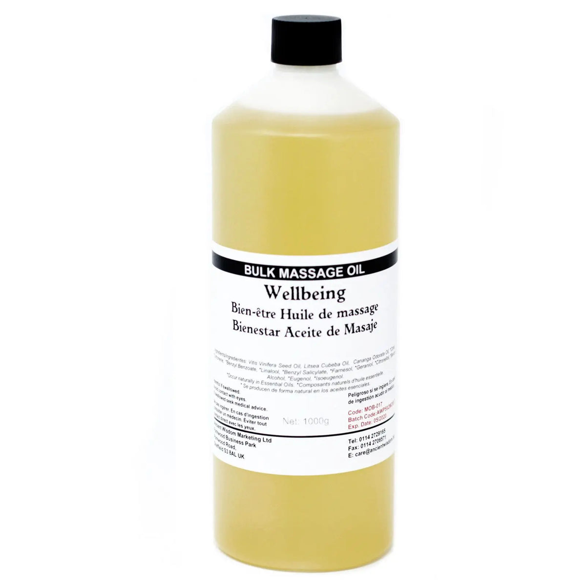 Botella cilíndrica de plástico con 1L de aceite de masaje amarillo traslúcido, tapa negra y etiqueta con información.