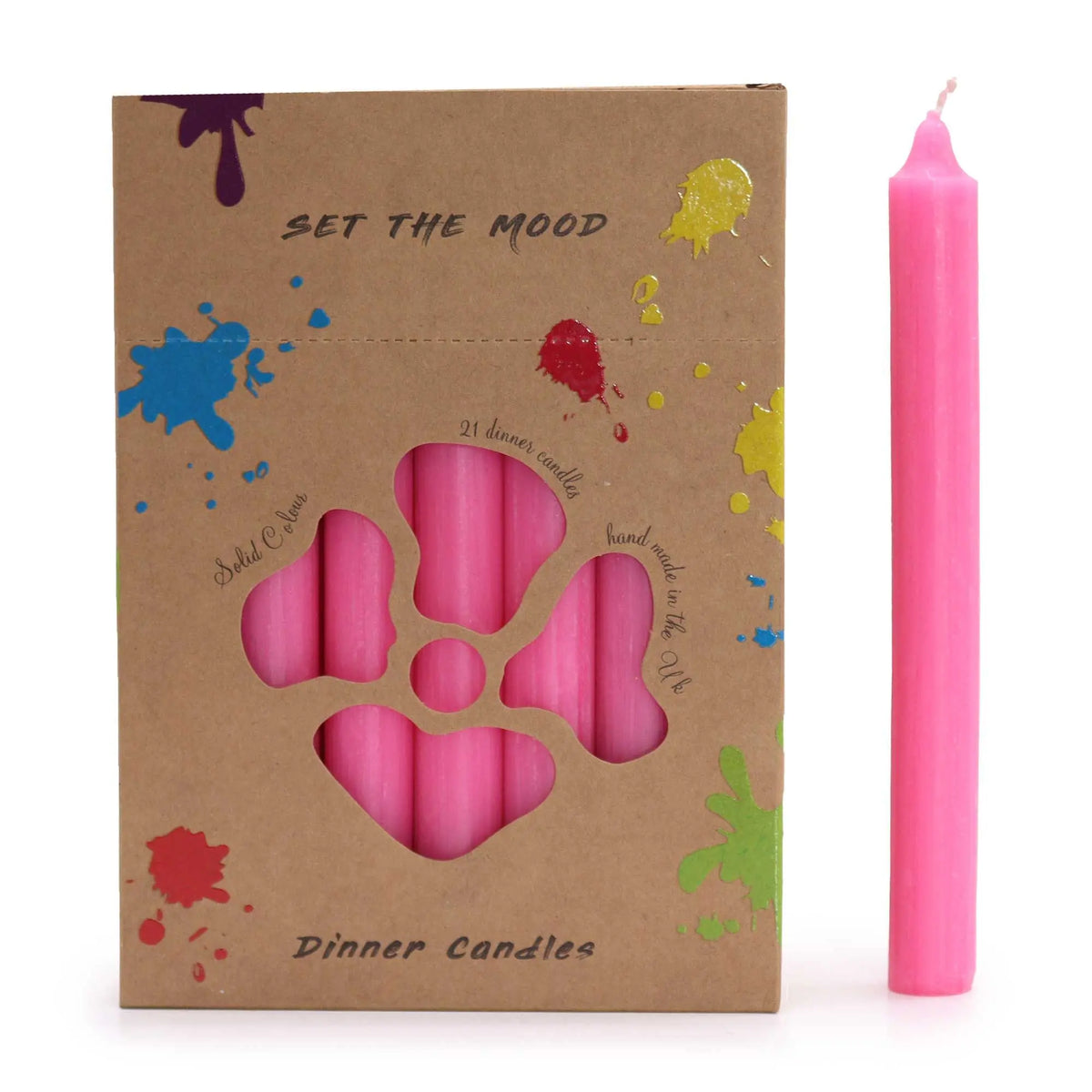 Pack de 21 velas de mesa color rosa rústico en caja de cartón decorada con manchas de pintura de colores.